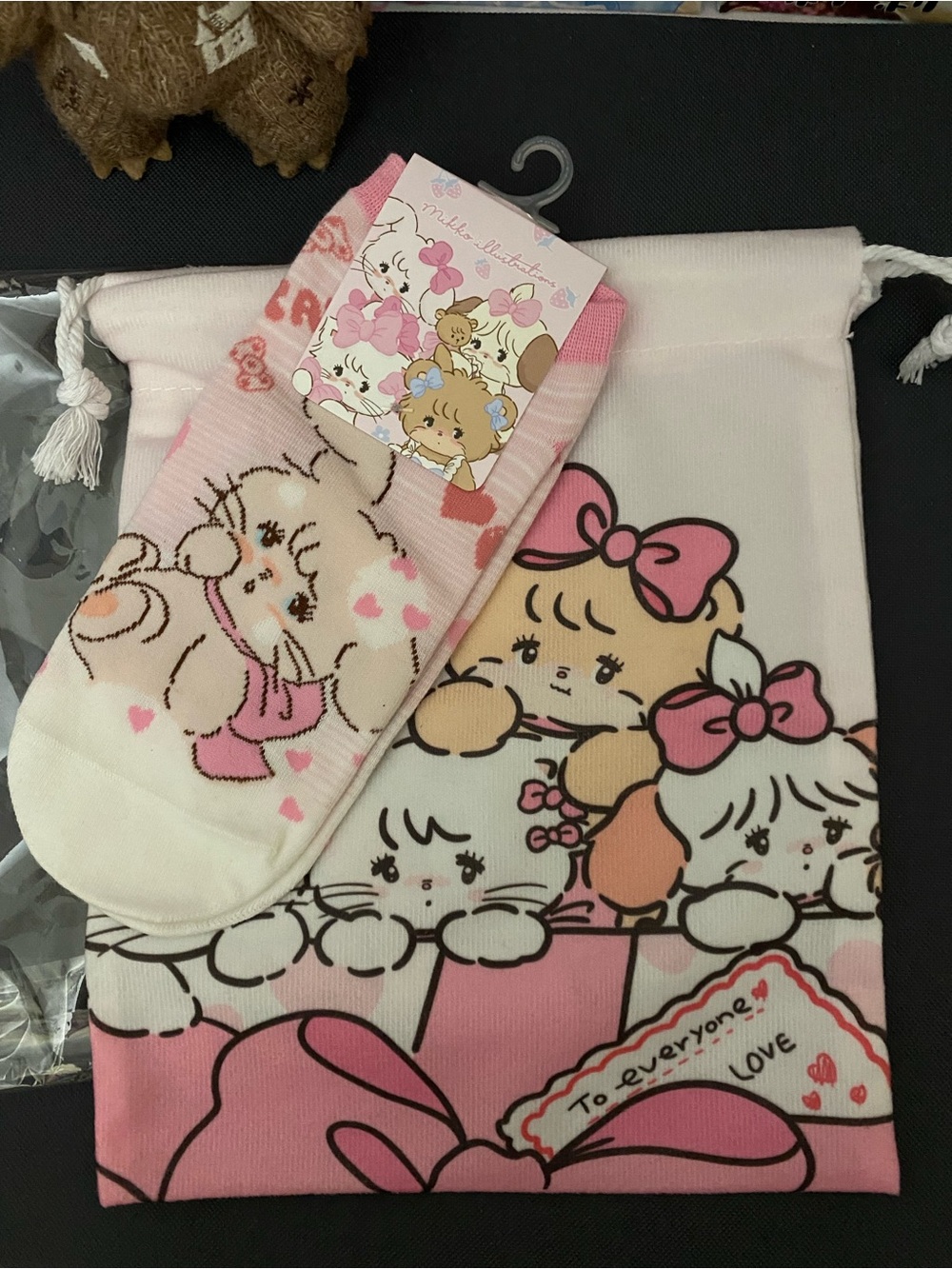 Mikko Cute Pastel Character Drawstring Bag & Socks Set - Pink